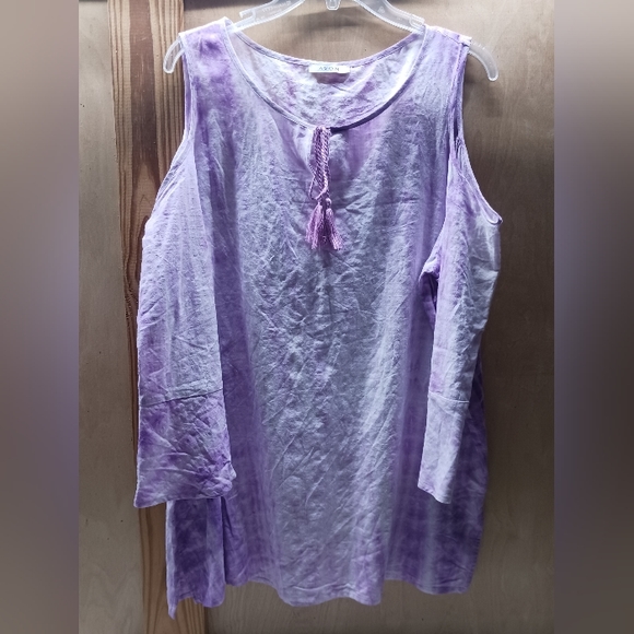 Avon Open Shoulder Blouse/Size L 12-14/Lightweight Purple Tie Dye Ruffle Sleeve - Picture 1 of 14
